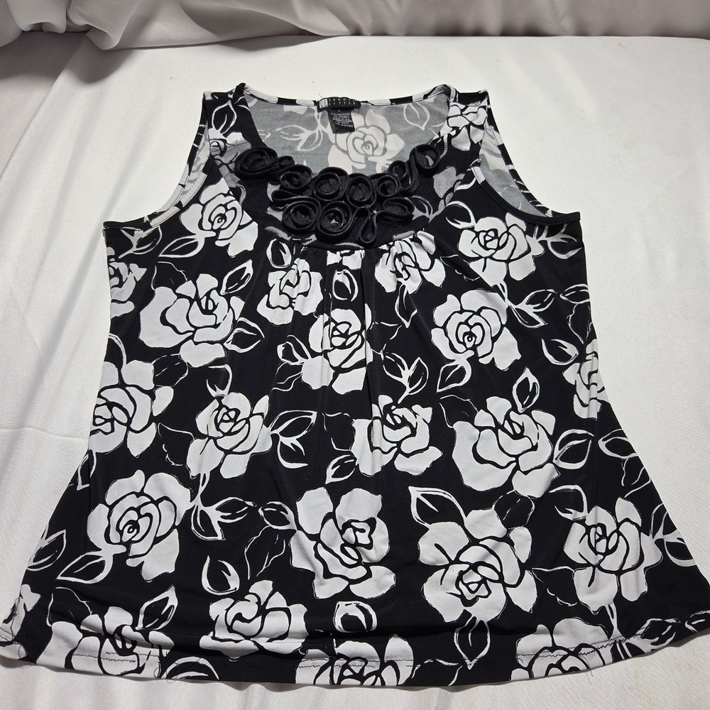 Carole Little Womens Black White Rose Floral Tank Top Soutache Neckline Size L